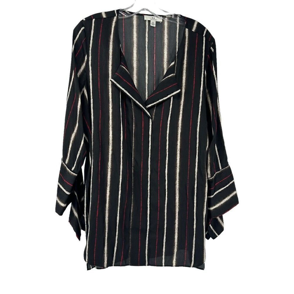 H by Halston Blouse Black Striped V Neck Long Sleeve Flare Cuffs Size L Silky